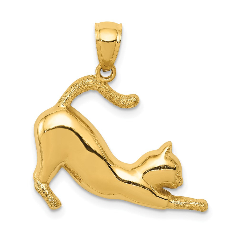 14k Stretching Cat Pendant, 25 x 24 mm