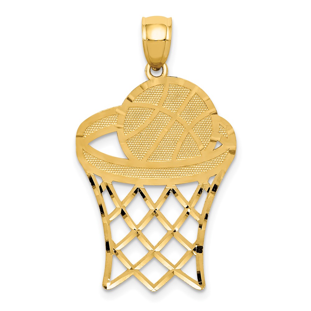 14k Basketball in Hoop Diamond Cut Pendant, 32 x 19 mm