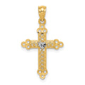 14k and White Rhodium Budded Cross with Heart Center Pendant, 28 x 16 mm