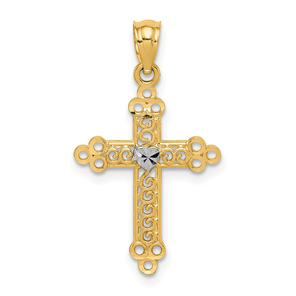 14k and White Rhodium Budded Cross with Heart Center Pendant, 28 x 16 mm