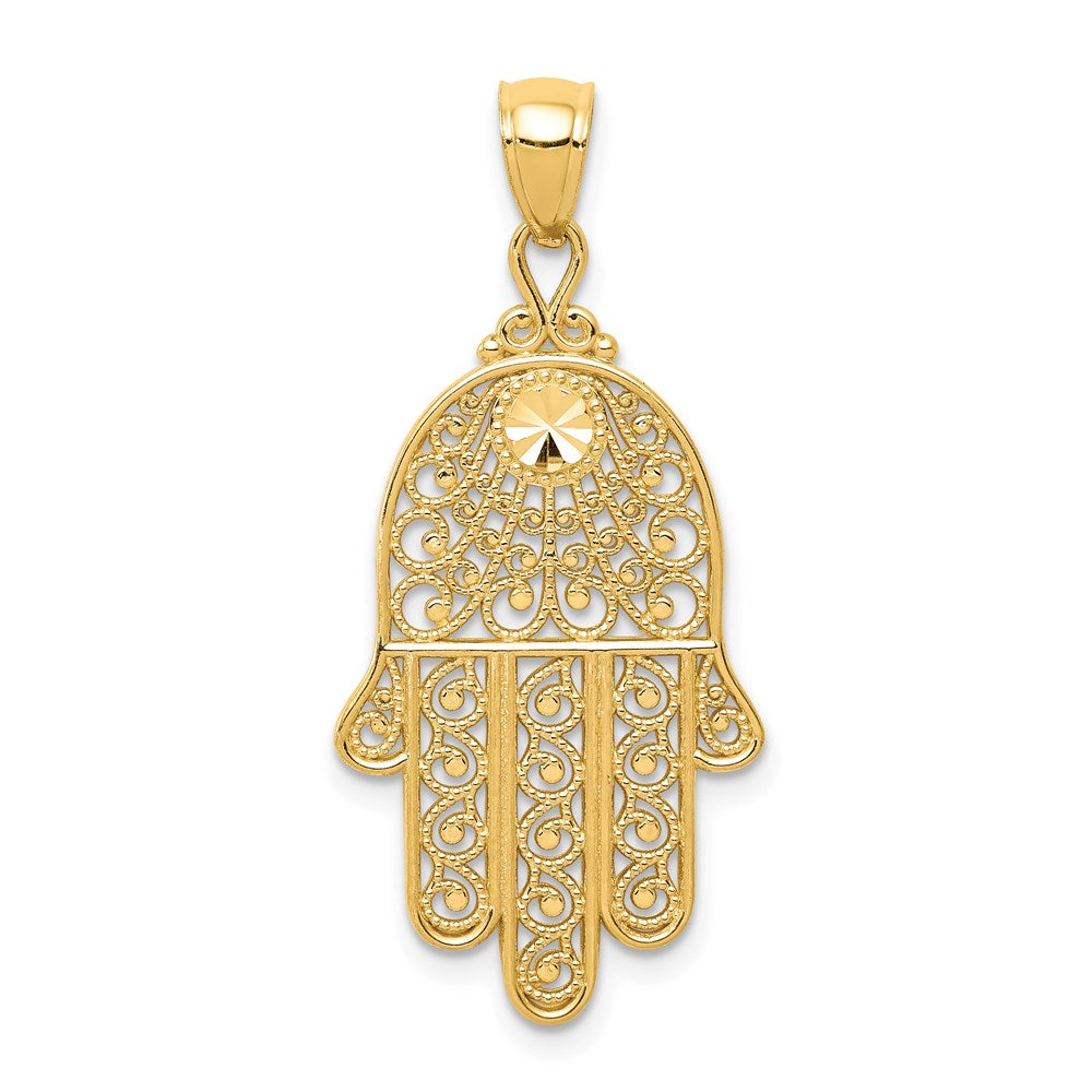 14k Diamond-cut Filigree Chamseh Pendant, 36 x 16 mm