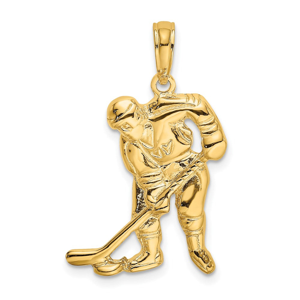 14k Hockey Player with Stick and Puck Charm, 18.5 x 15.1 mm