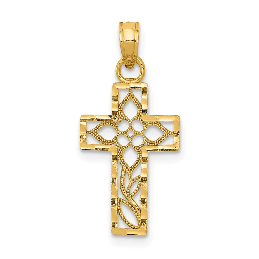 14K Cut-out Flower In Diamond-cut Cross Charm, 24 x 11 mm