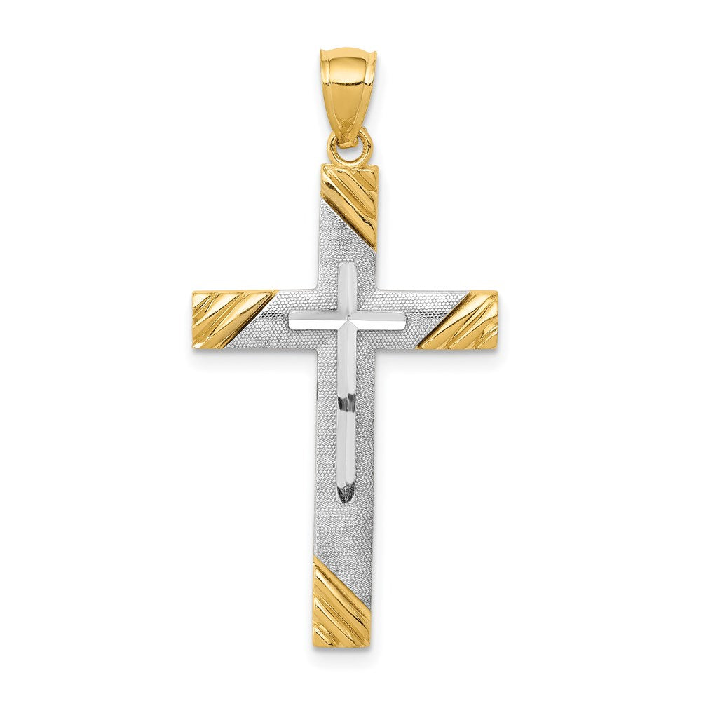 14k Two-Tone Diamond-cut Cross Pendant, 38 x 19 mm