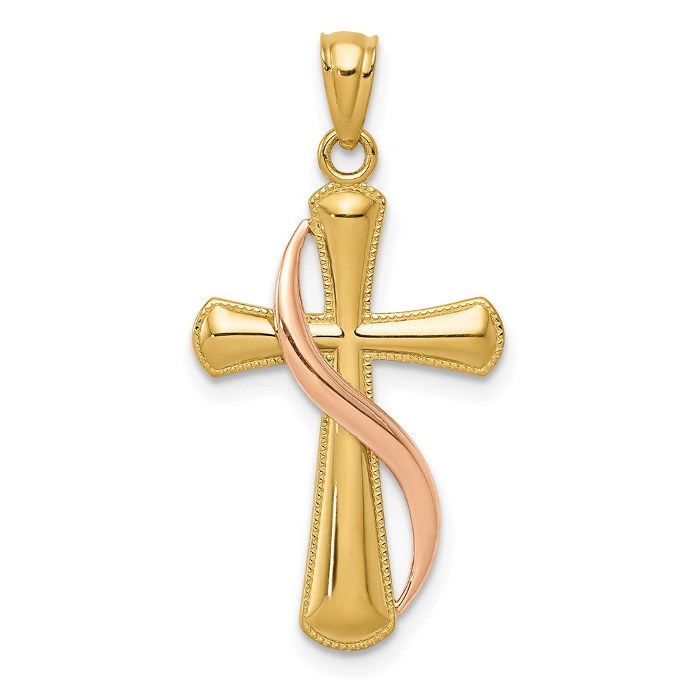 14K Two-Tone Polished Cross with Drape Pendant, 30 x 15 mm
