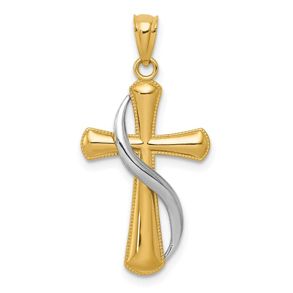 14K Two-Tone Polished Cross with Drape Pendant, 31 x 15 mm
