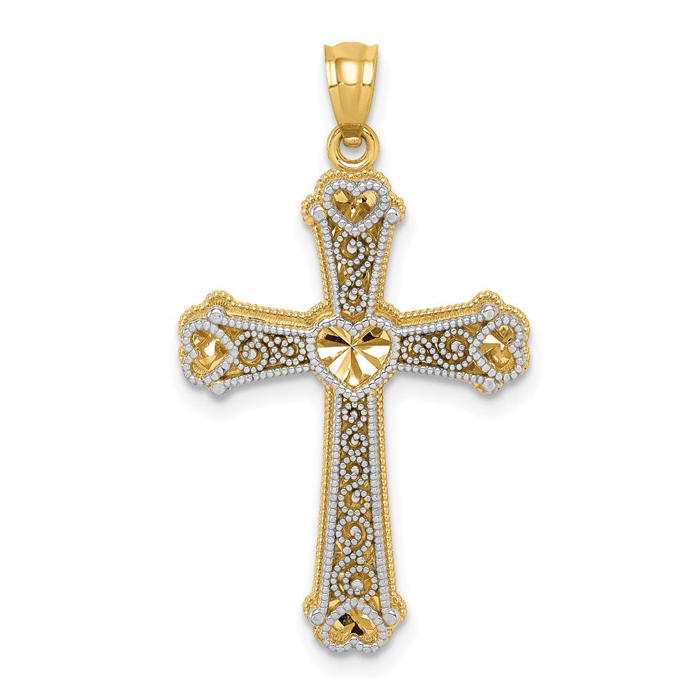 14k Two-tone Hearts Cross Pendant, 33 x 19 mm