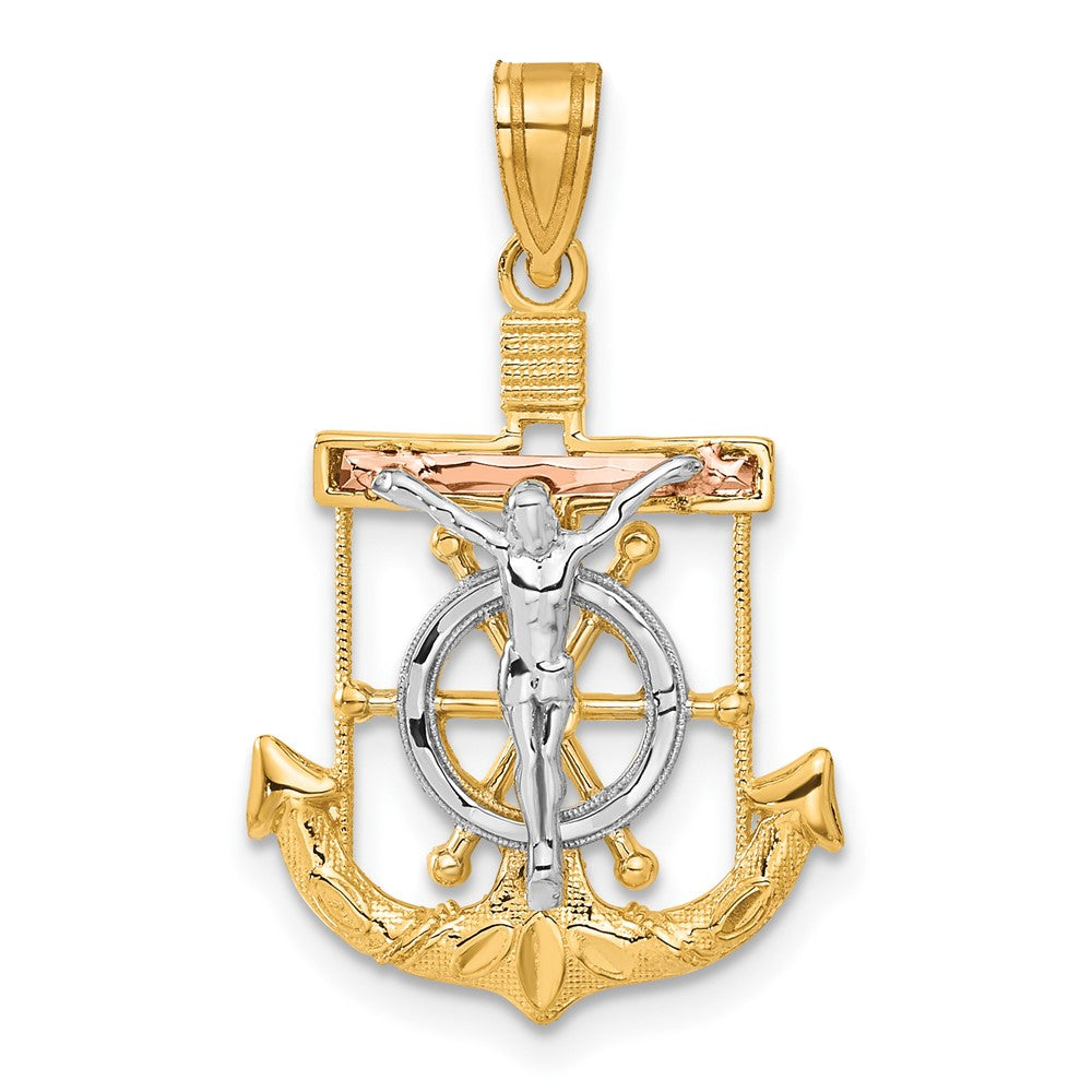 14k Tri-color Diamond-cut and Textured Mariners Crucifix Pendant, 29 x 18 mm