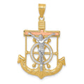14k Tri-color Diamond-cut and Textured Mariners Crucifix Pendant, 35 x 22 mm