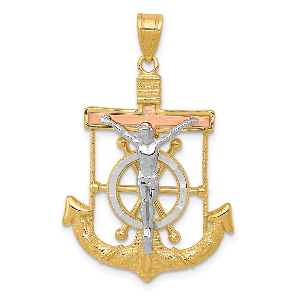 14k Tri-color Diamond-cut and Textured Mariners Crucifix Pendant, 35 x 22 mm