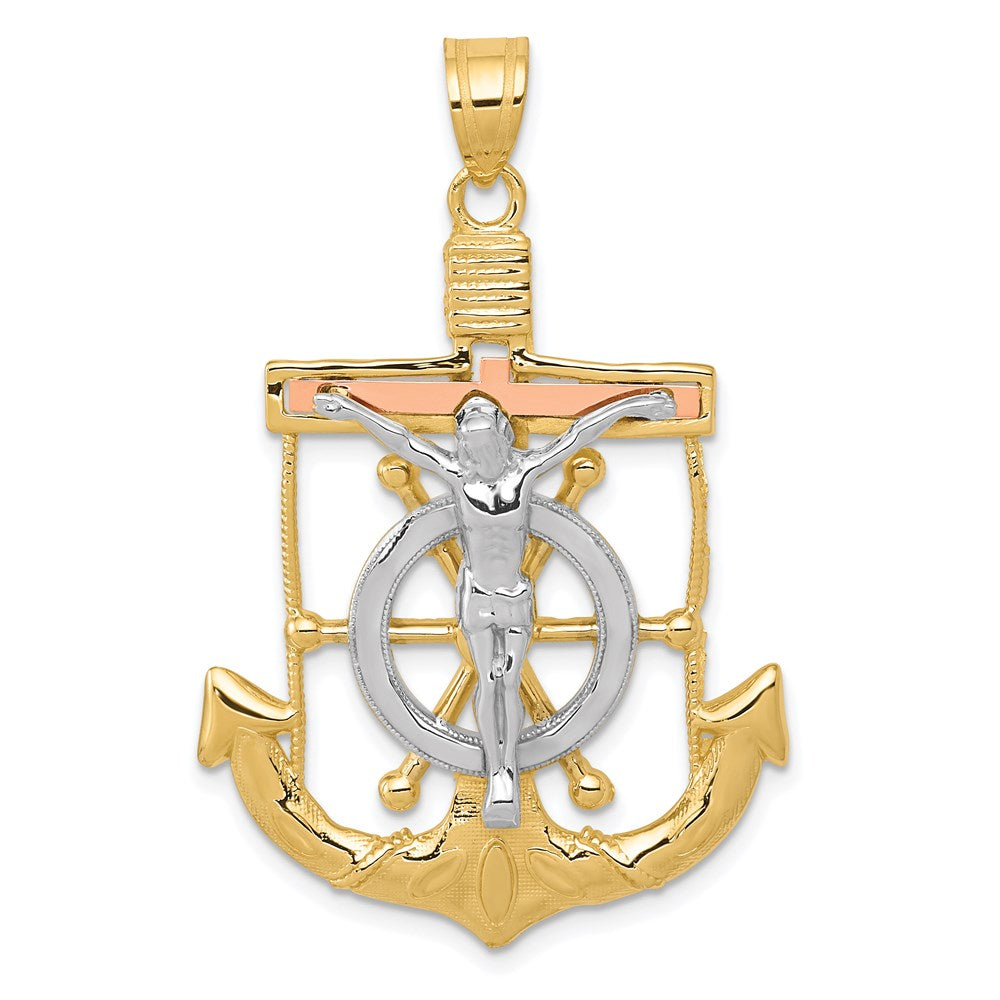 14k Tri-color Diamond-cut and Textured Mariners Crucifix Pendant, 44 x 28 mm