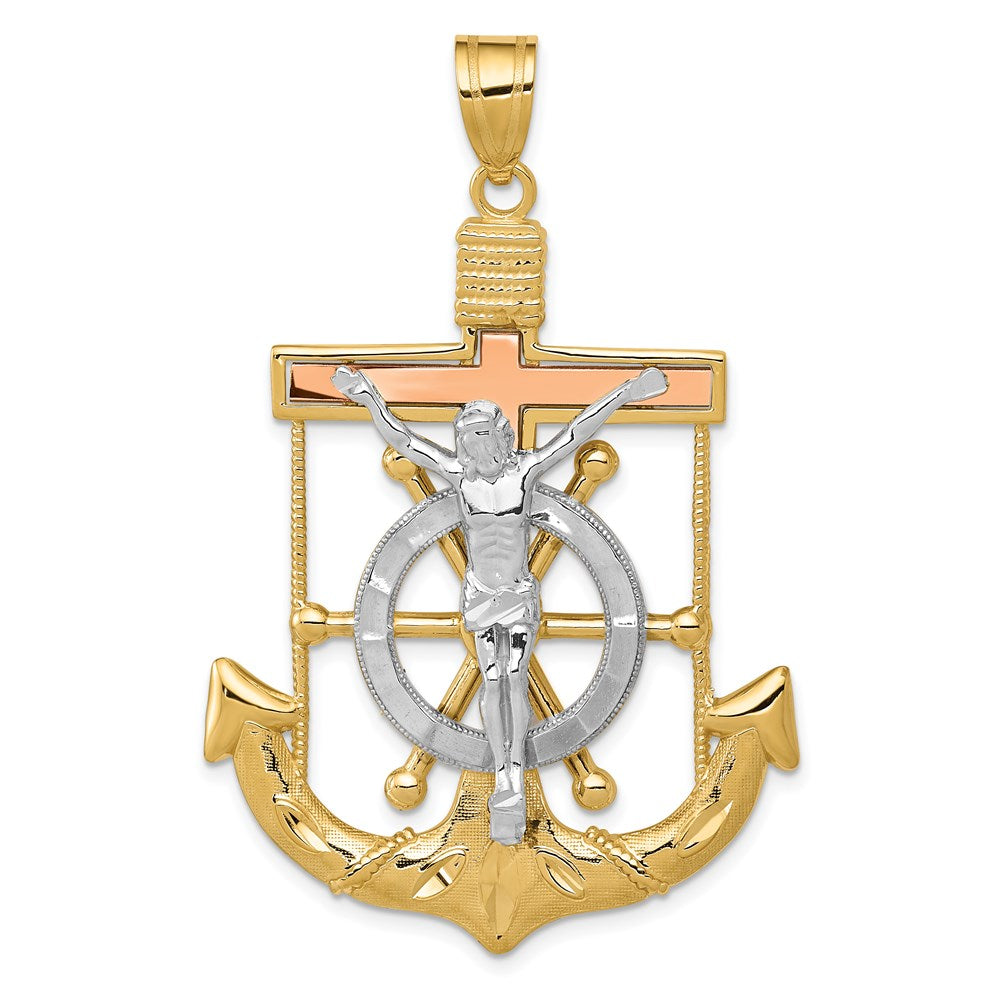 14k Tri-color Diamond-cut and Textured Mariners Crucifix Pendant, 54 x 36 mm