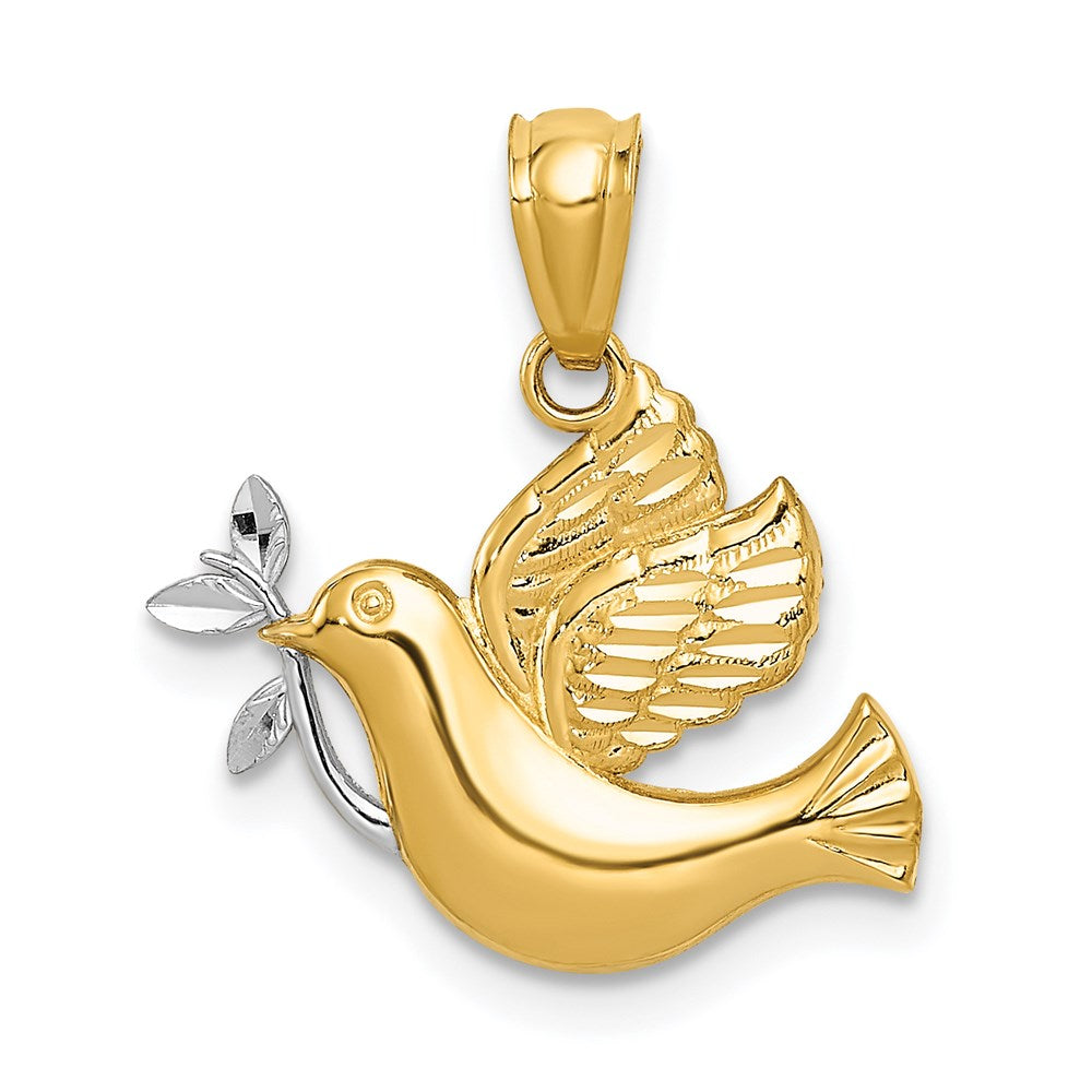 14k and White Rhodium Polished Dove with Olive Branch Pendant, 22 x 20 mm