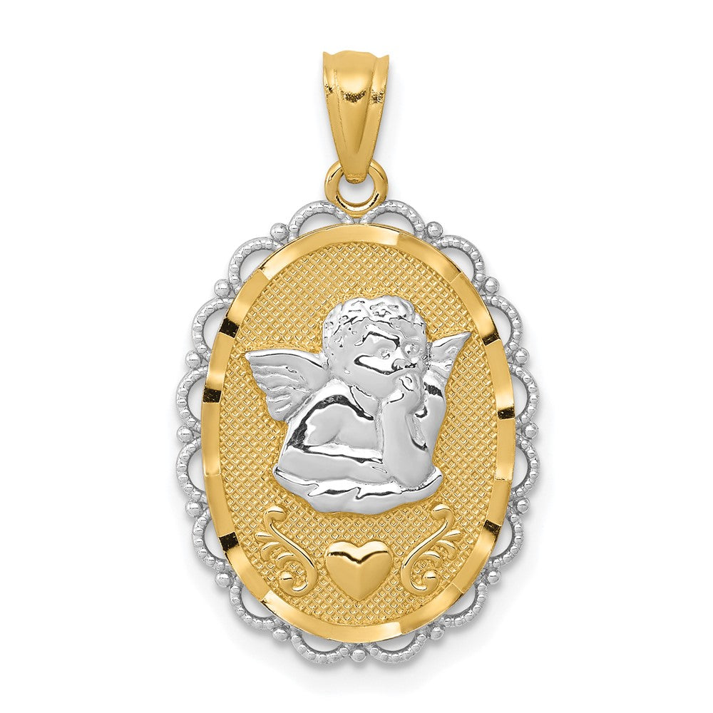 14k and White Rhodium Angel Scalloped Edge Oval Pendant, 26 x 16 mm