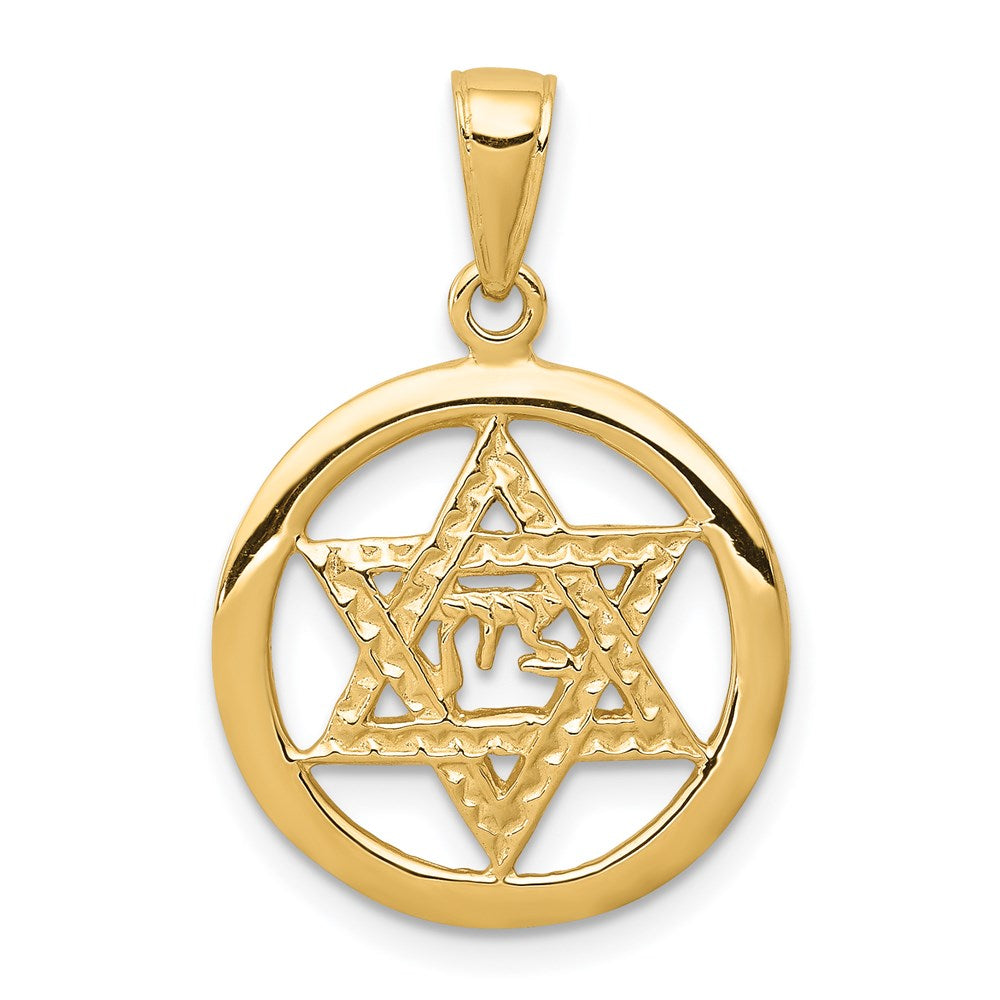 14K Jewish Chai In Star Of David Round Pendant, 25 x 17 mm
