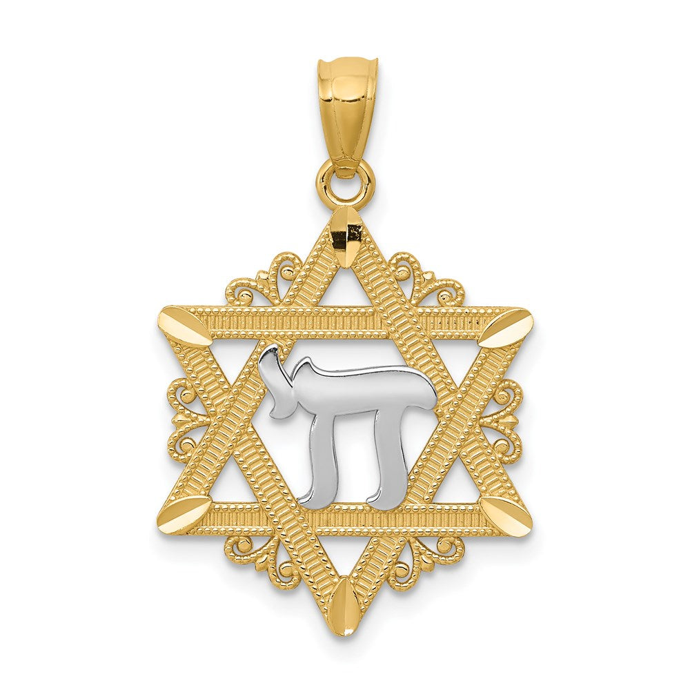 14k and White Rhodium Star of David with Chai Pendant, 28 x 18 mm