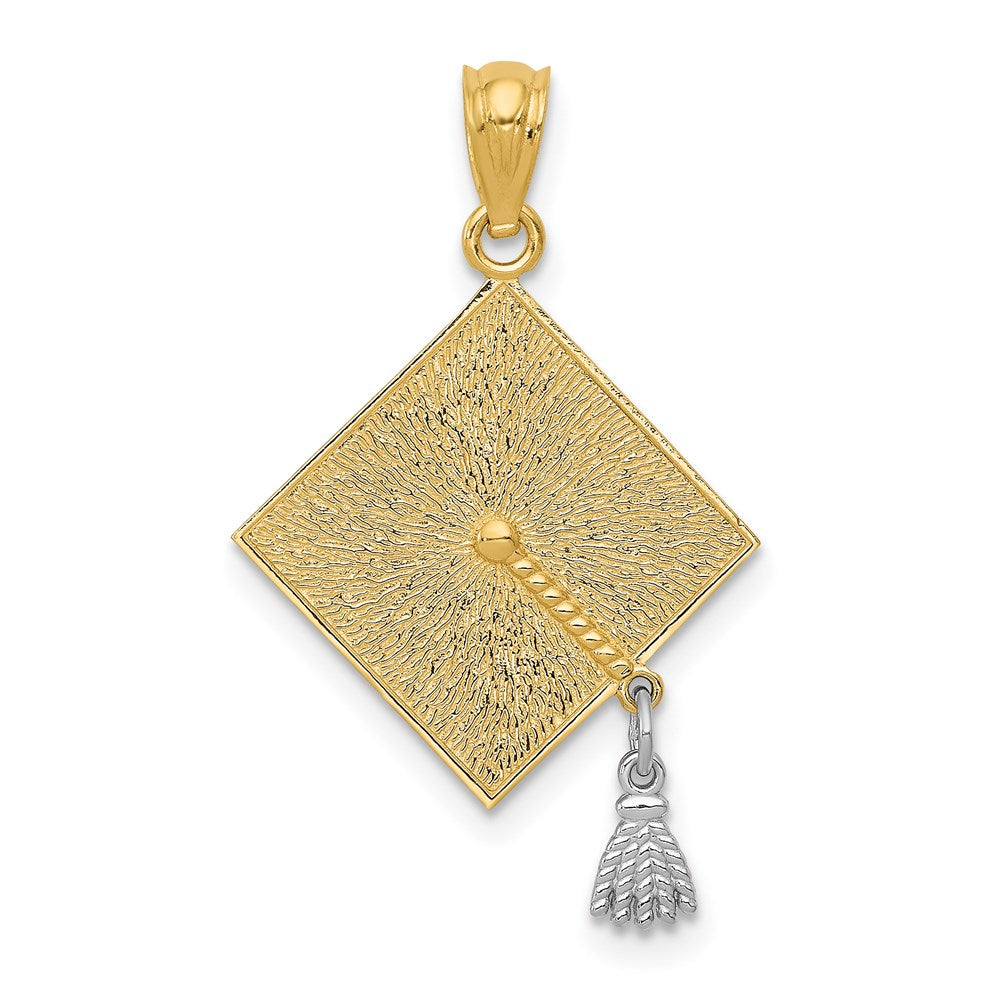 14k with White Rhodium 3-D Graduation Cap with Moveable Tassel Pendant, 25 x 17 mm