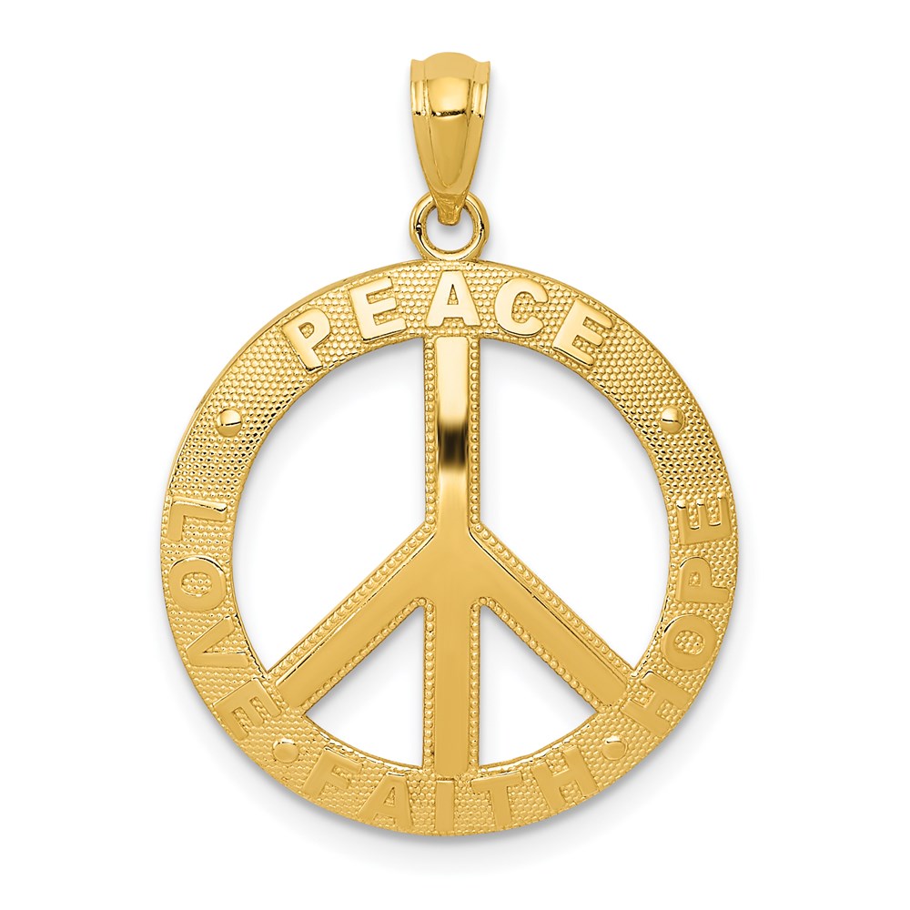 14k PEACE LOVE FAITH HOPE Peace Sign Pendant, 25 x 20 mm