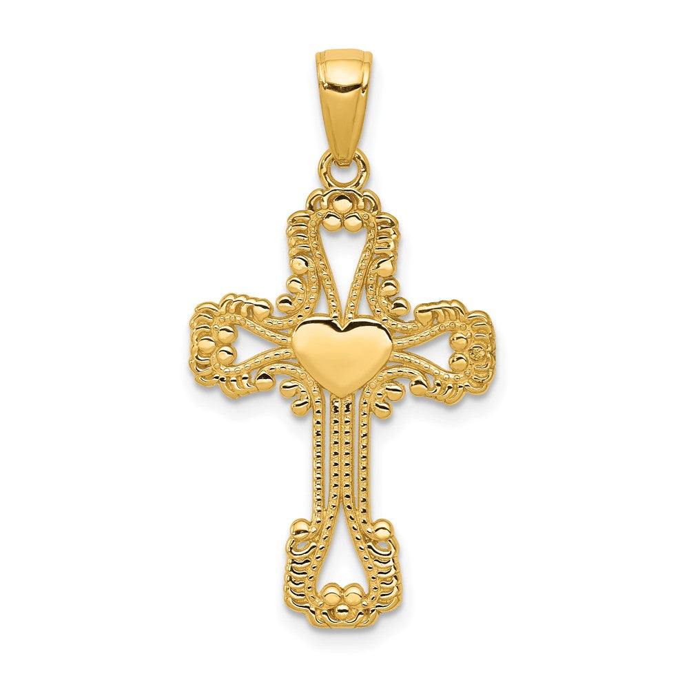 14K Beaded Cross with Heart Pendant, 34 x 18 mm