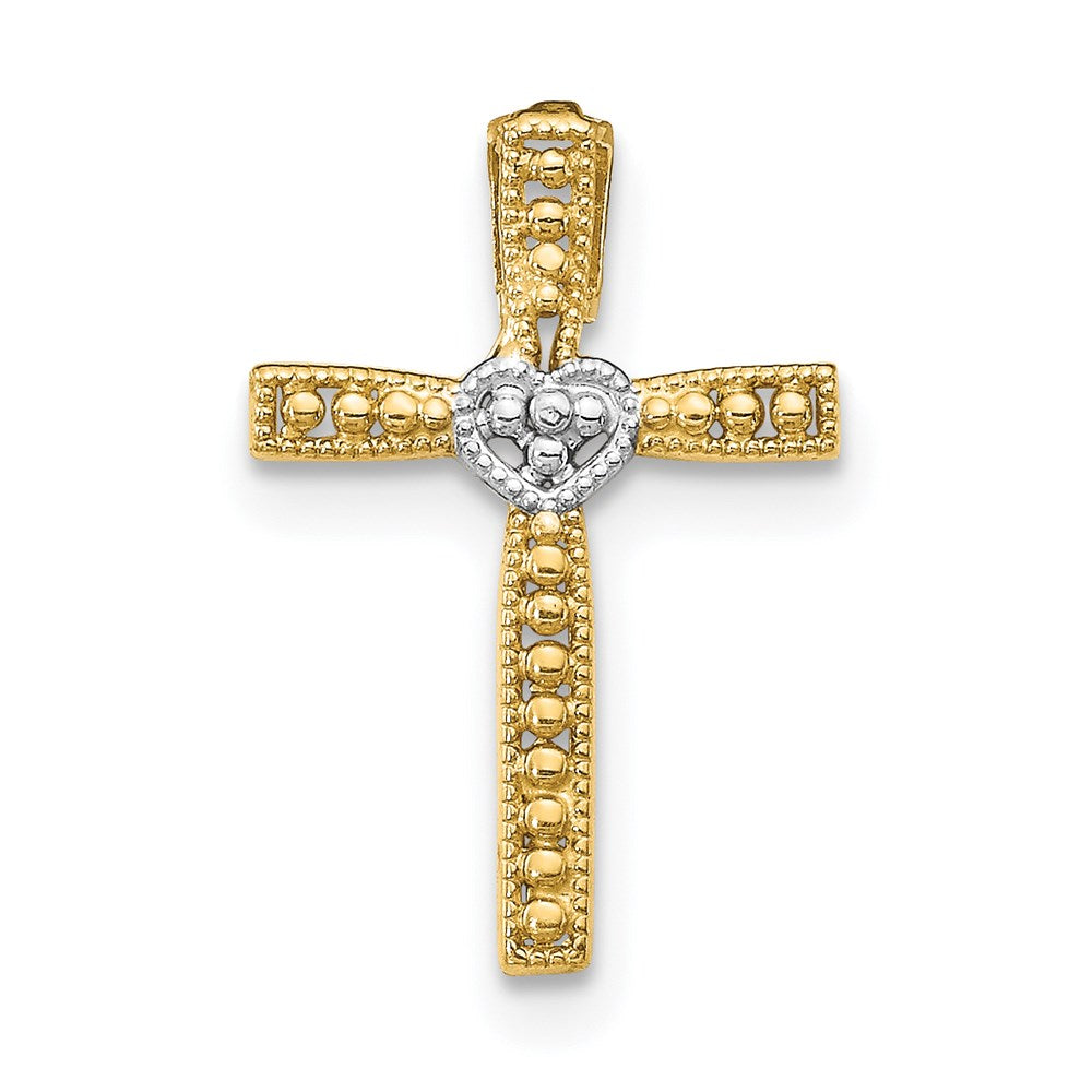 14k and White Rhodium Cross with Heart Center Pendant, 17 x 11 mm