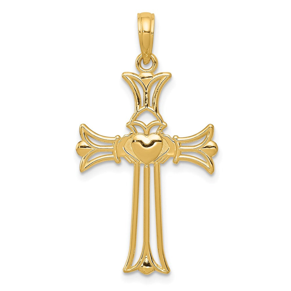 14K Claddagh Cross Pendant, 34 x 18 mm