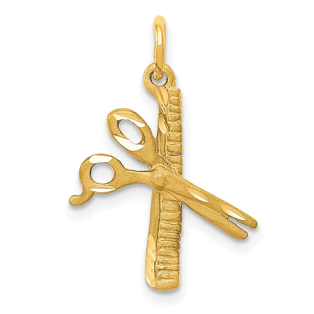 14k Satin Diamond-cut Comb and Scissors Charm, 24 x 15 mm