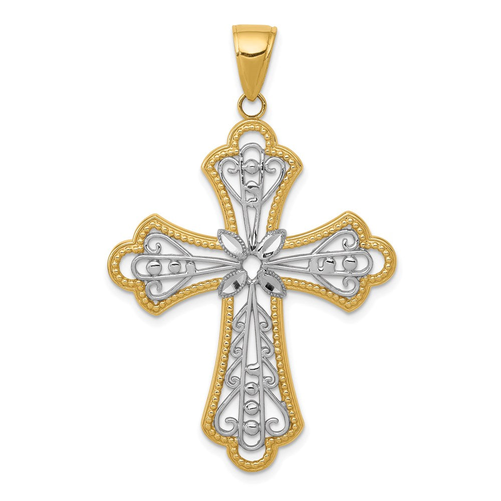 14K and White Rhodium Large Diamond-cut Filigree Cut-out Cross Pendant, 45 x 30 mm