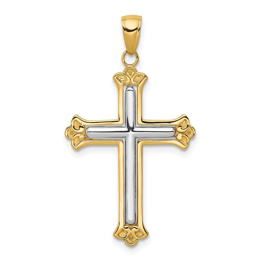 14K and White Rhodium Budded Yellow Cross Frame Pendant, 39 x 22 mm