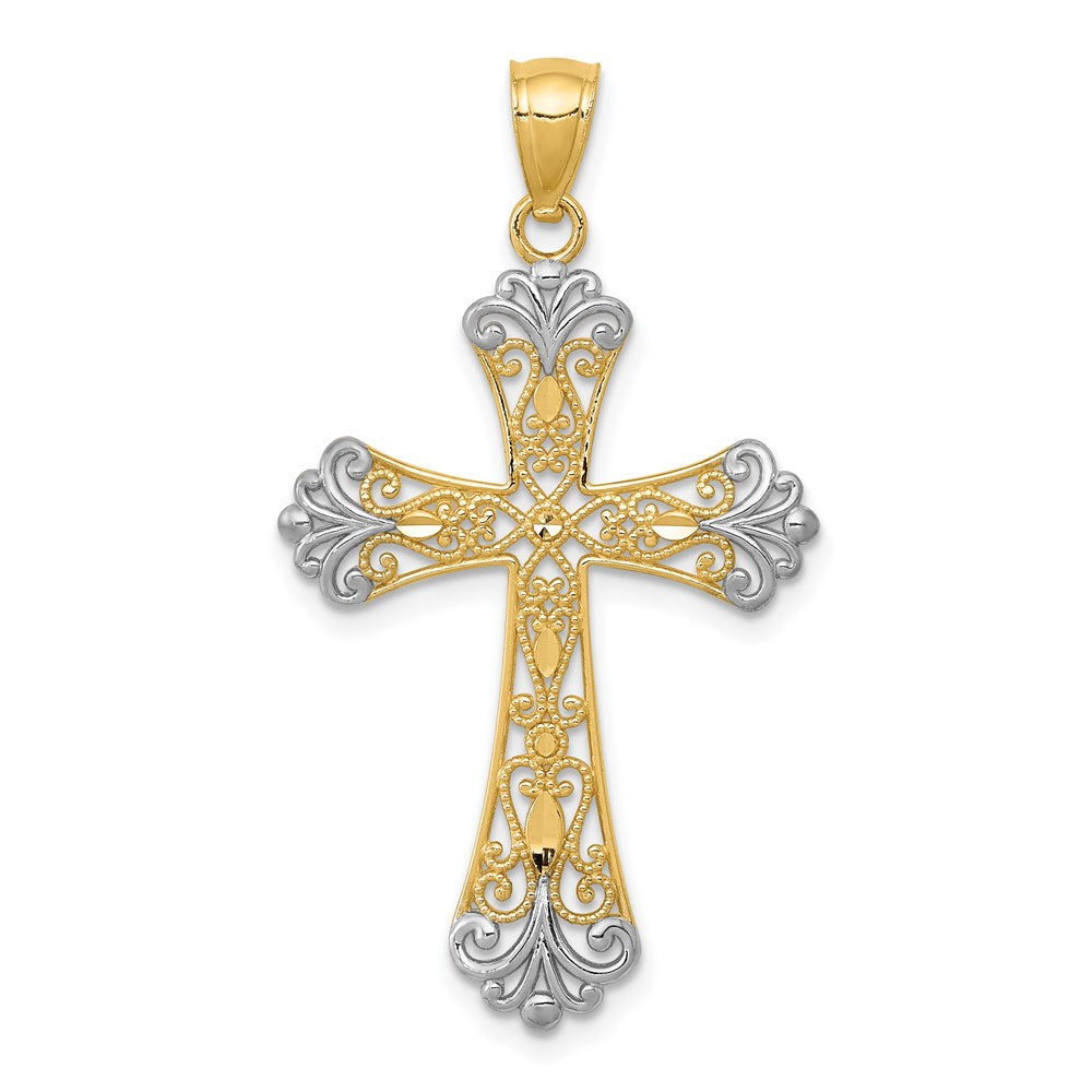 14k and White Rhodium Diamond-cut Cross Pendant, 38 x 21 mm