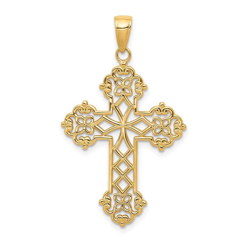 14K Lacey Budded Cross Pendant, 40 x 23 mm