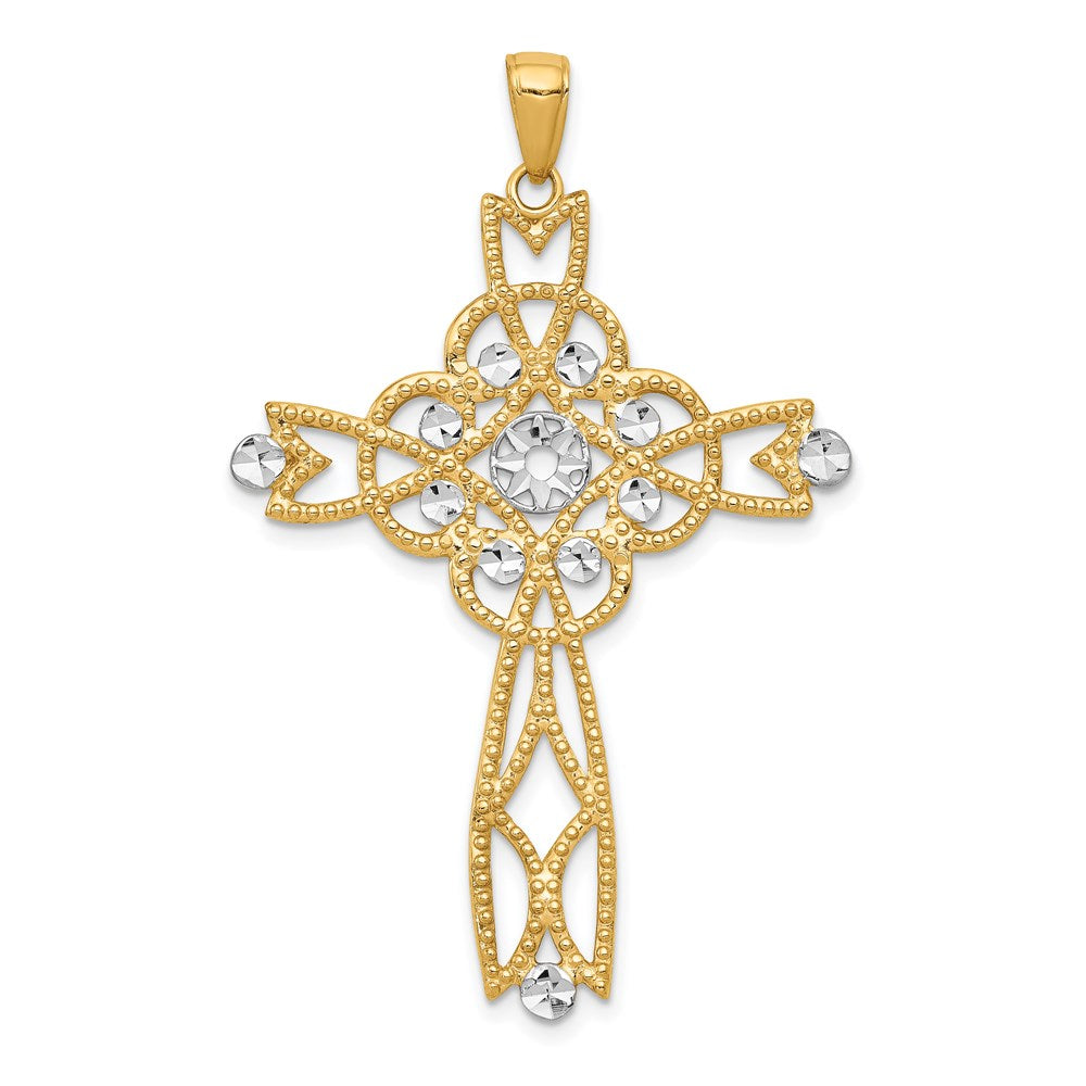 14K and White Rhodium Diamond-cut Beaded Trim Cross Pendant, 47 x 30 mm