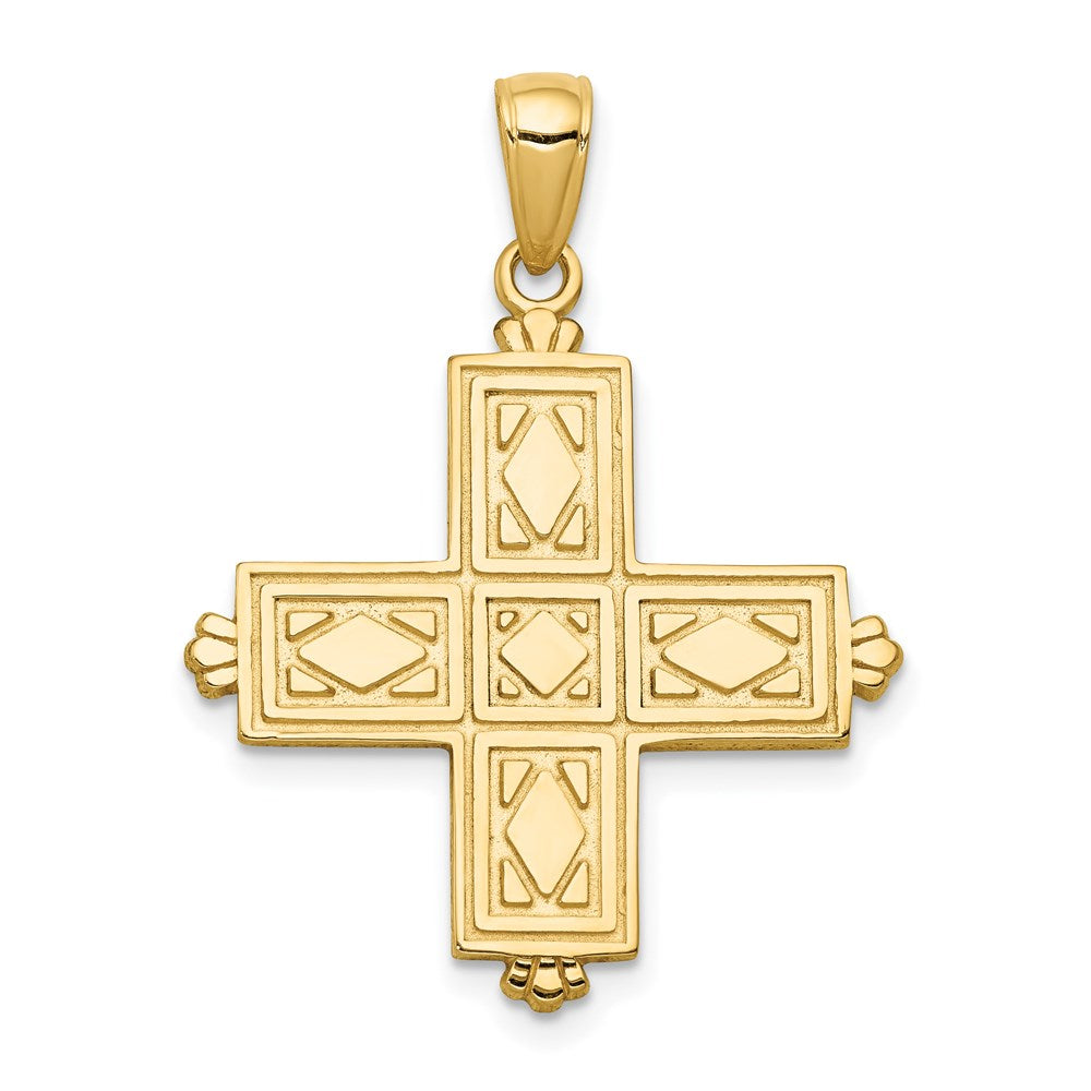 14K Etched Square Cross with Floral Reverse Pendant, 31 x 23 mm