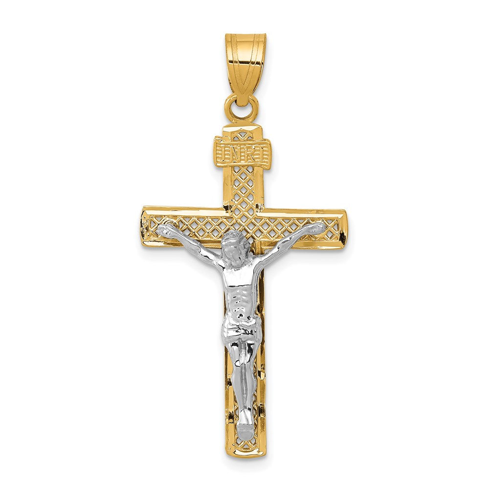 14K Two-tone Diamond-cut Lattice Cross with Crucifix Pendant, 42 x 21 mm