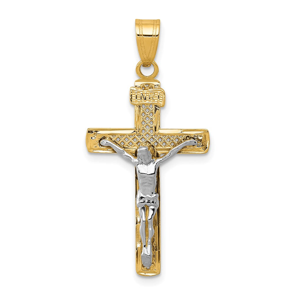 14K Two-tone Diamond-cut Lattice Cross with Crucifix Pendant, 33 x 16 mm