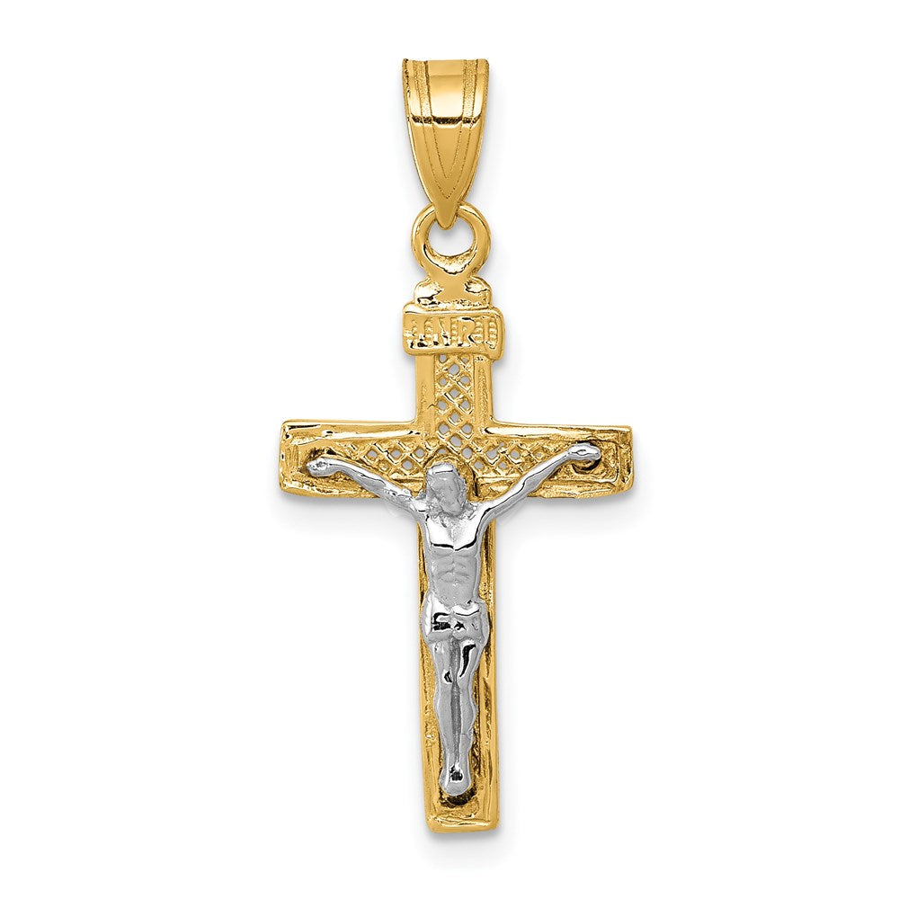 14K Two-tone Diamond-cut Lattice Cross with Crucifix Pendant, 28 x 13 mm