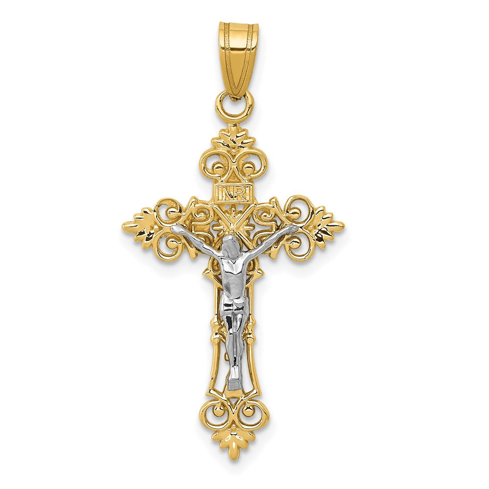 14K Two-Tone Medium Lacy-Edge Inri Crucifix Pendant, 35 x 18 mm