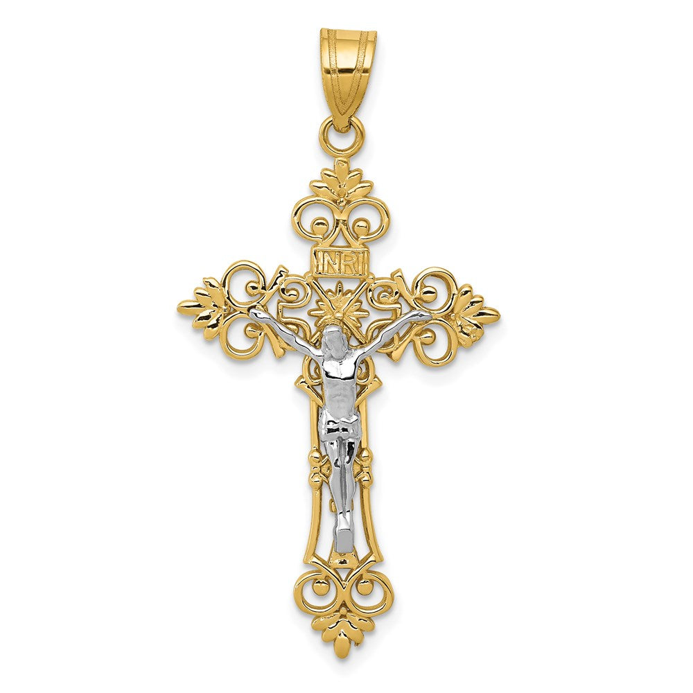 14K Two-Tone Large Lacy-Edge Inri Crucifix Pendant, 43 x 22 mm