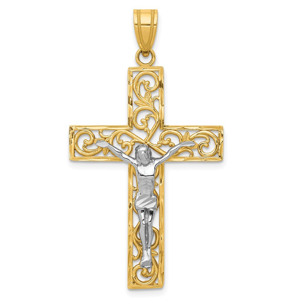 14K Two-Tone Diamond-cut Large Filigree Crucifix Pendant, 46 x 25 mm