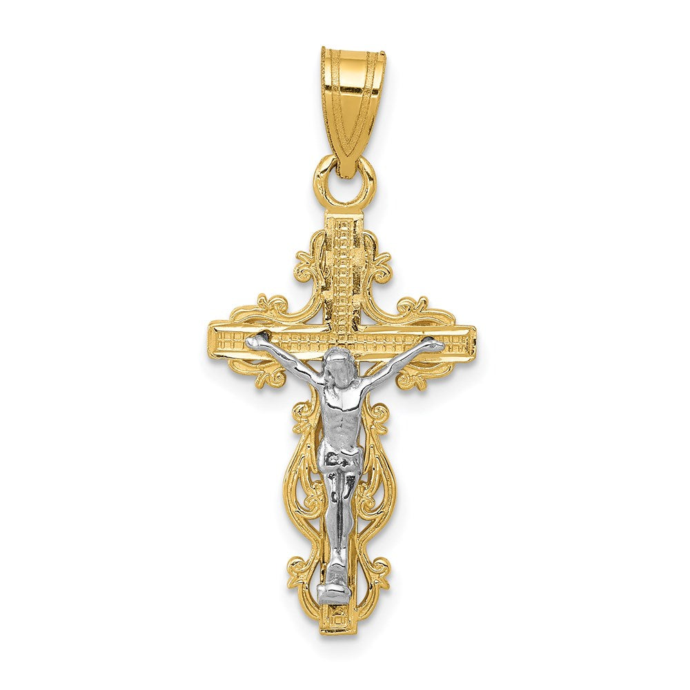 14K Two-tone Small Narrow Crucifix Pendant, 31 x 14 mm