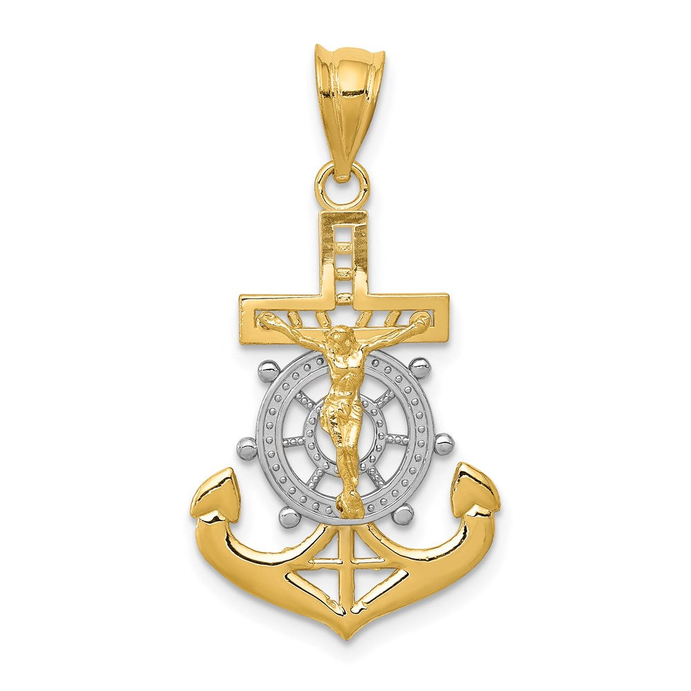 14k and White Rhodium Diamond-cut Mariners Crucifix Pendant, 30 x 17 mm