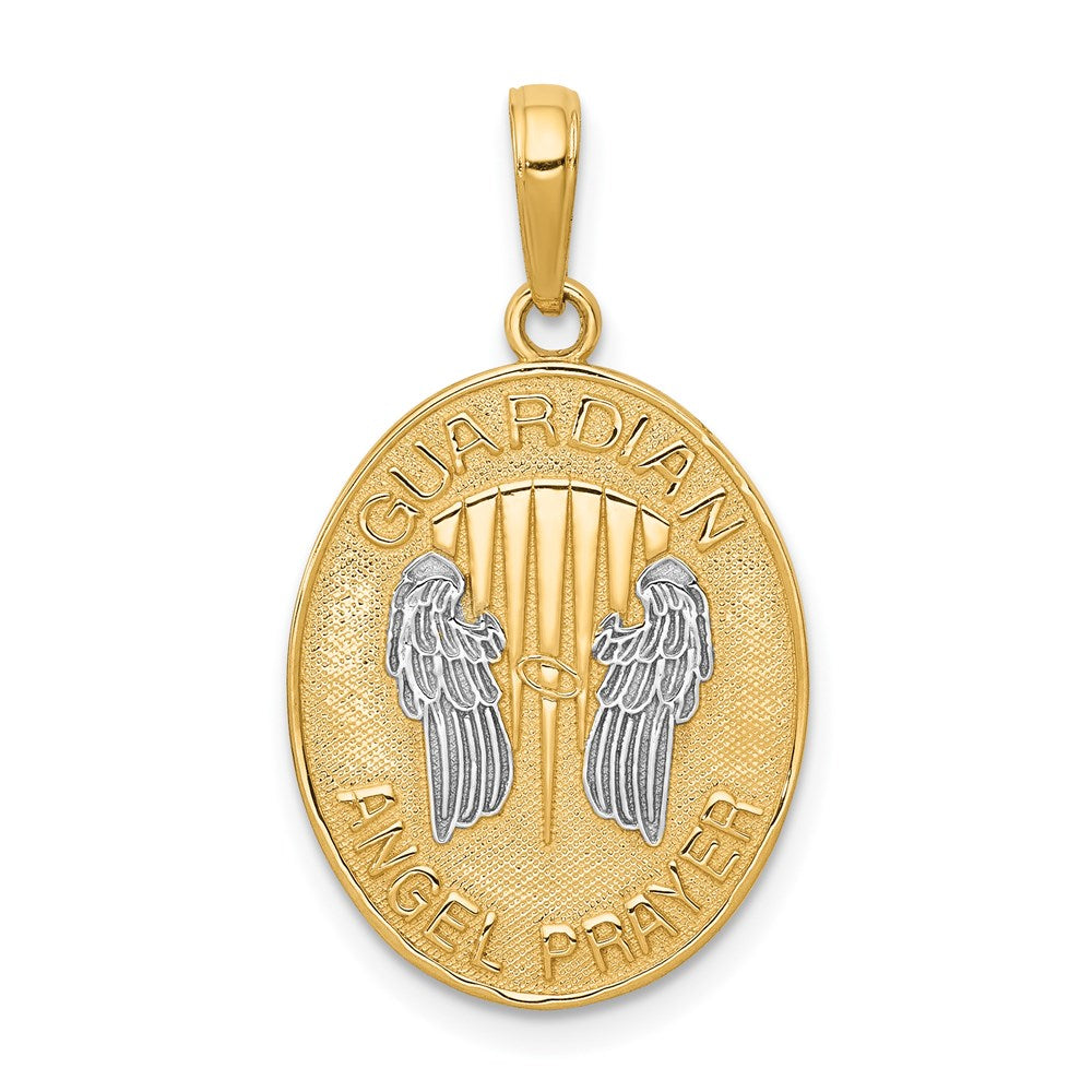 14K and White Rhodium Reversible GUARDIAN ANGEL PRAYER Pendant, 26 x 16 mm