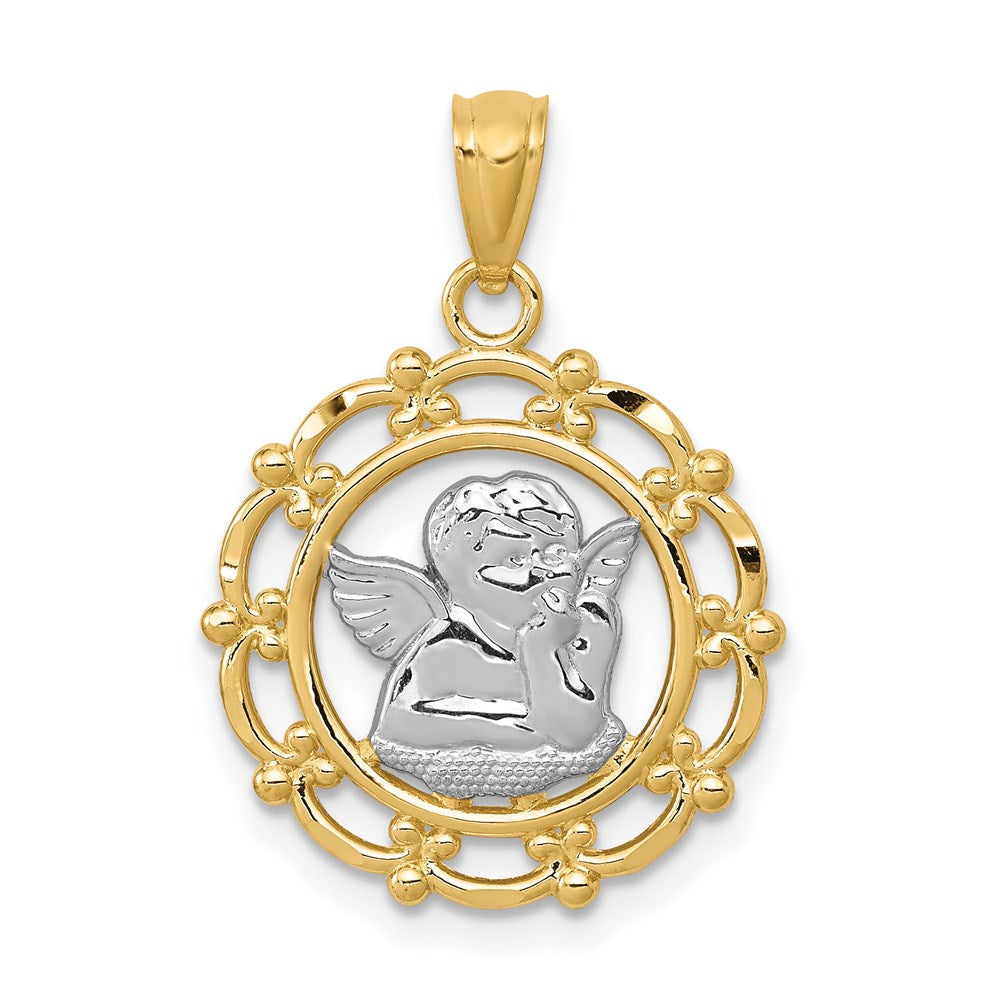 14k and White Rhodium Scalloped Frame Cherub Round Pendant, 23 x 17 mm
