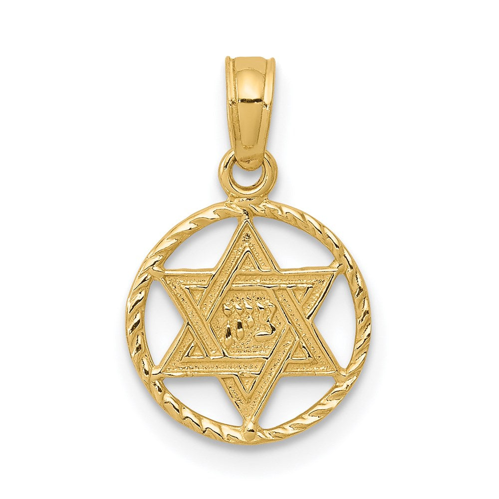 14K Star of David in Circle Frame Pendant, 18 x 11 mm