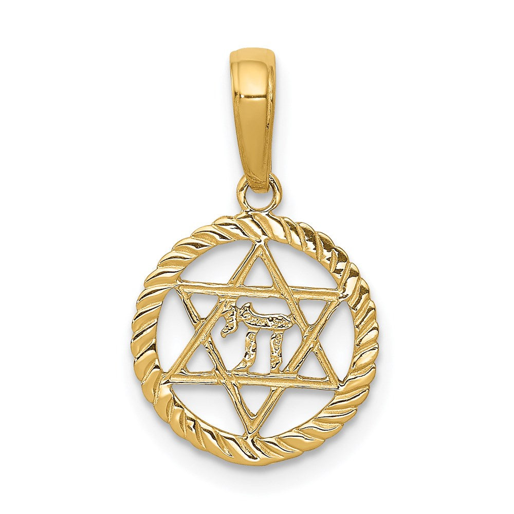 14K Star of David and Chai in Circle Pendant, 18 x 13 mm