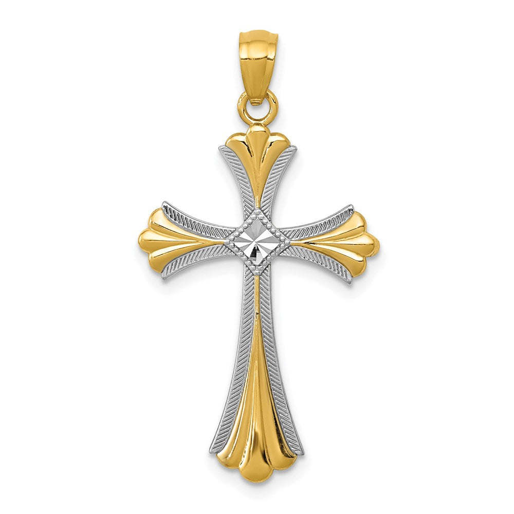 14K Diamond-Cut Rhodium Budded Cross Pendant, 33 x 17 mm