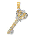 14K and White Rhodium Polished I LOVE YOU Script Fleur de Lis Heart Key Charm, 35 x 24 mm