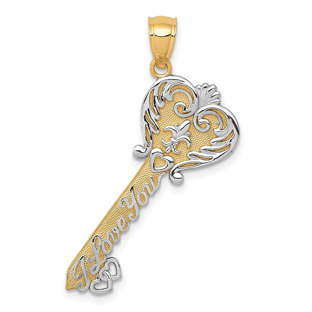 14K and White Rhodium Polished I LOVE YOU Script Fleur de Lis Heart Key Charm, 35 x 24 mm