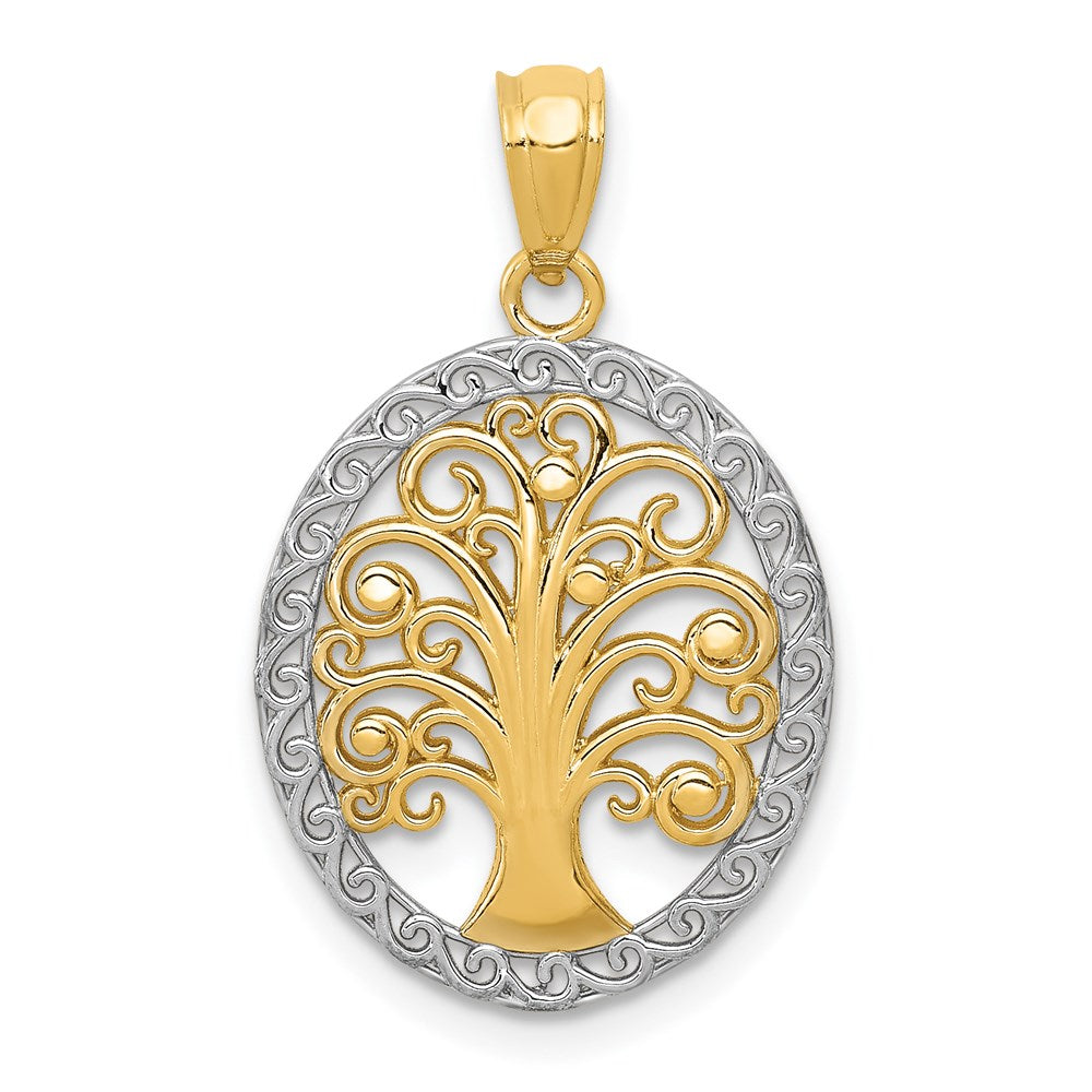 14k and White Rhodium Tree of Life Oval Pendant, 20 x 15 mm