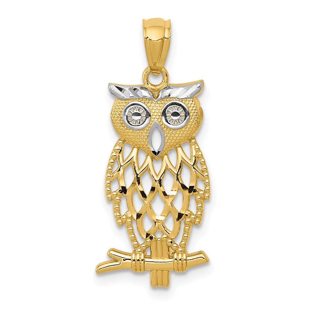 14k and White Rhodium Diamond-cut Owl Pendant, 23 x 11 mm
