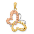14k Two-tone with White Rhodium Butterfly with Hearts Pendant, 23 x 18 mm